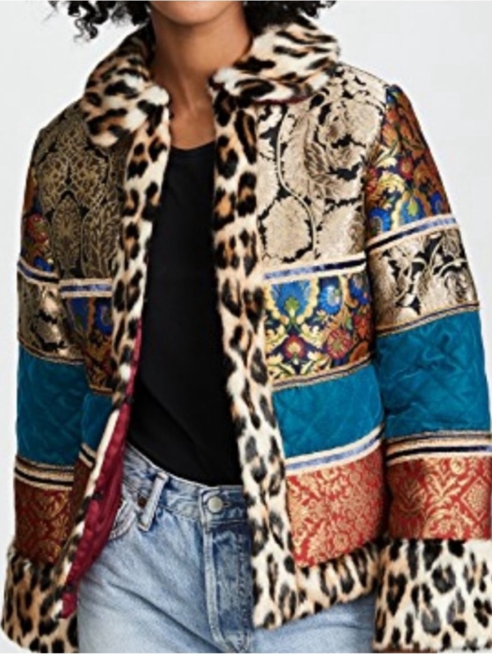 Bohemian Patchwork Leopard Trim Quilted Jacket - Teal/Gold